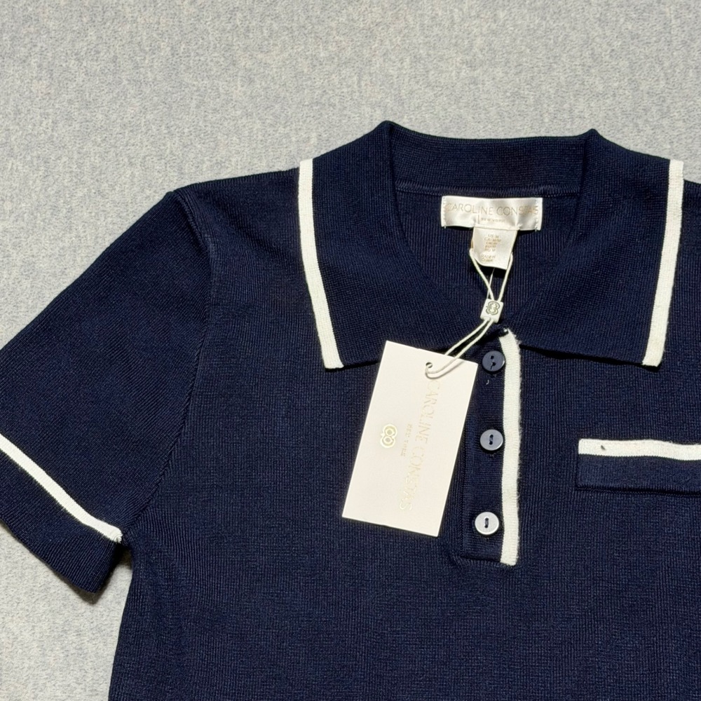 Caroline Constas Navy Blue Knit Polo Mini Dress White Trim Pleated Skirt Size M - Picture 10 of 12